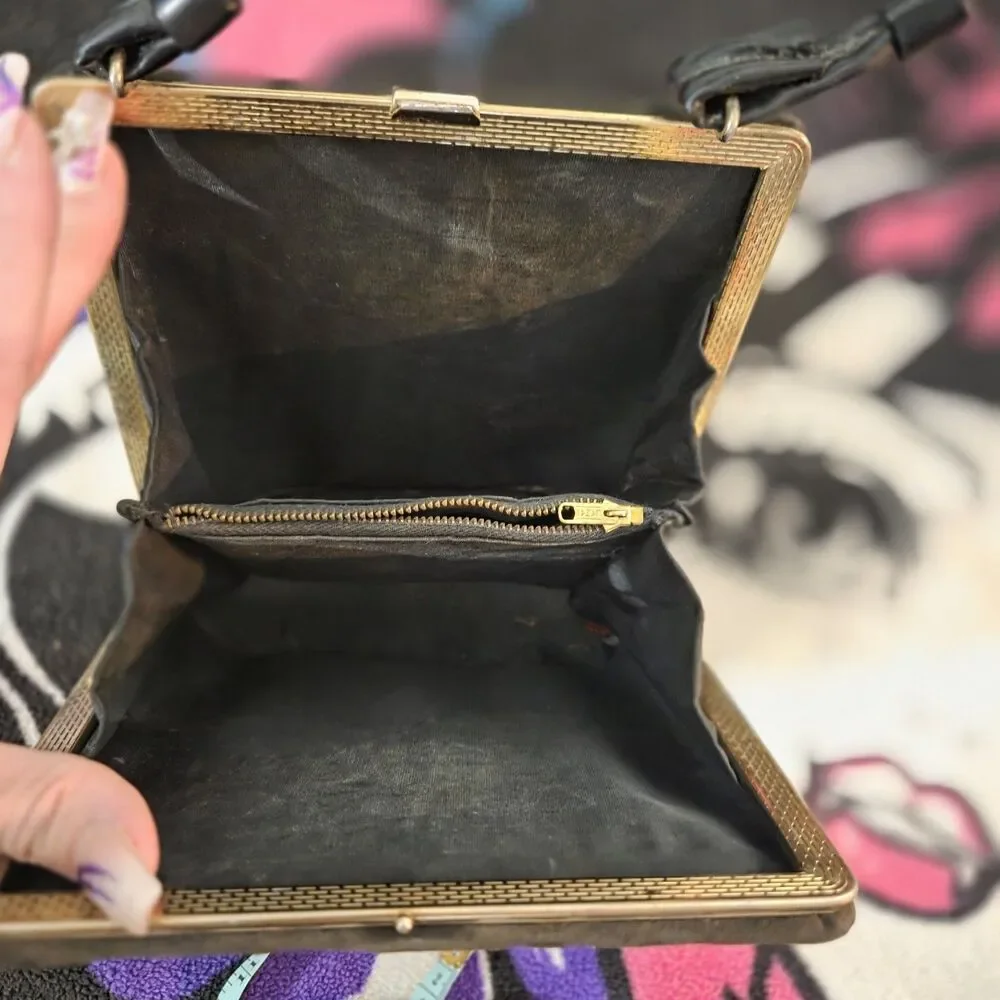 Vintage 1950s Black Suede Kiss Lock Evening Purse Patent Bow Cocktail Handbag